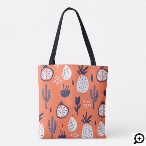 Bold Cactus, Pomegranate & Pineapple Fruit Pattern Tote Bag