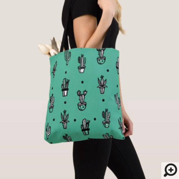 Cactus pattern in Black and emerald Green Tote Bag