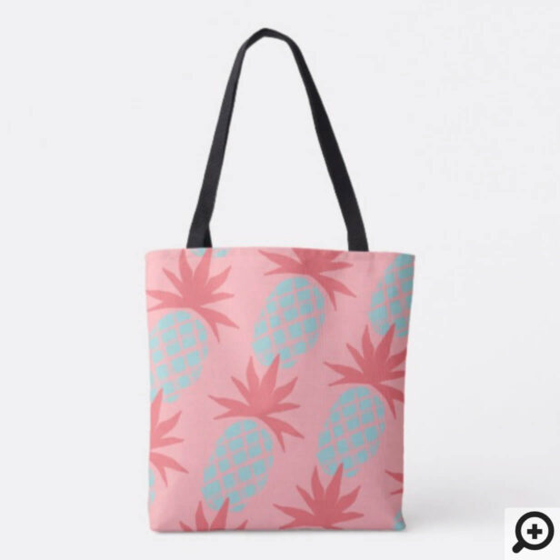 Bold Tropical Pineapple Fruit Print in Teal & Pink Tote Bag