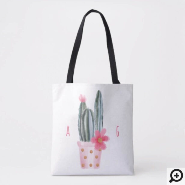 Boho Foral Potted Cactus Plant & Monogram Initials Tote Bag