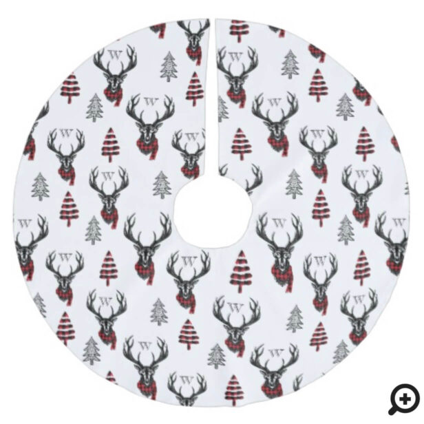 Christmas Red Buffalo Plaid Reindeer Monogram Brushed Polyester Tree Skirt