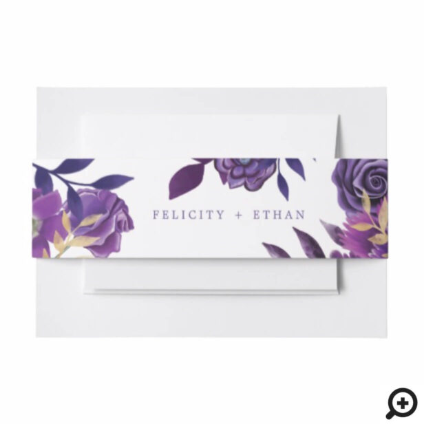 Vibrant Blooming Floral Flowers Ultra Violet Gold Invitation Belly Band
