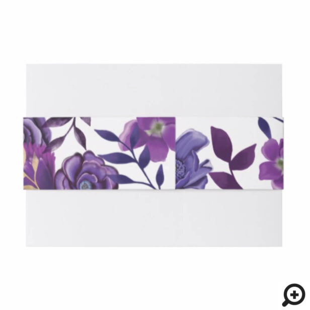 Vibrant Blooming Floral Flowers Ultra Violet Gold Invitation Belly Band