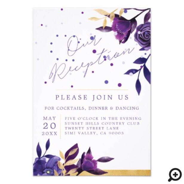 Modern Floral Ultra Violet Gold Wedding Reception Invitation