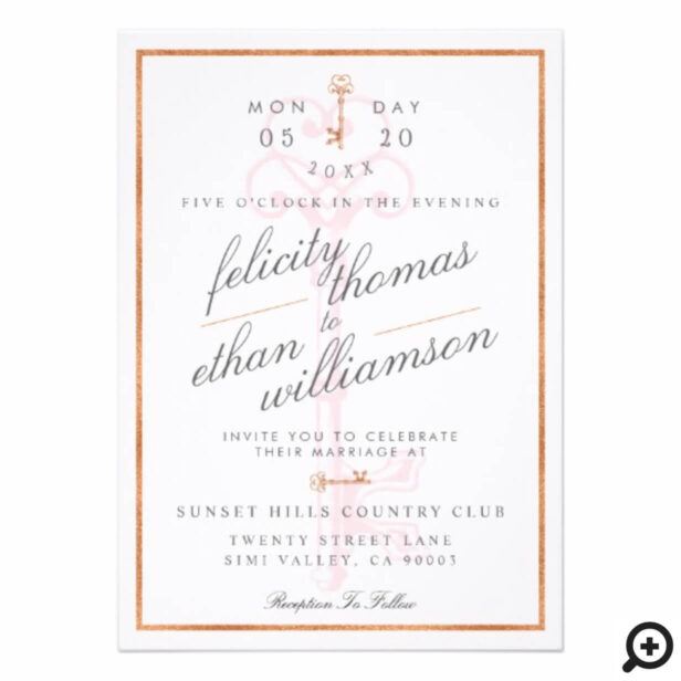 Blush Pink Floral Vintage Key Wedding Invitation