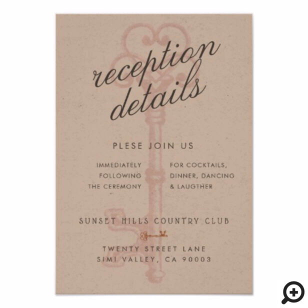 Blush Pink Copper Vintage Key Wedding Reception Invitation