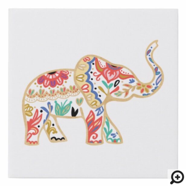 Elegant Floral Decorative Ornate Elephant Design Faux Canvas Print