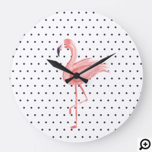 Polka Dot Reto Pink Watercolor flamingo Large Clock
