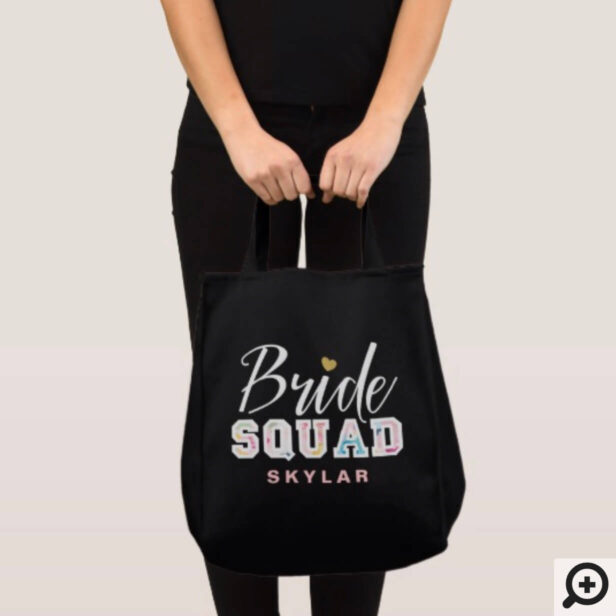 Pink Florals Varsity Bride Squad Name Wedding Tote