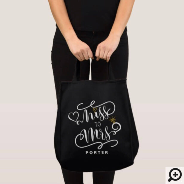 Miss To Mrs | White & Gold Marriage Heart & Ring Tote Bag