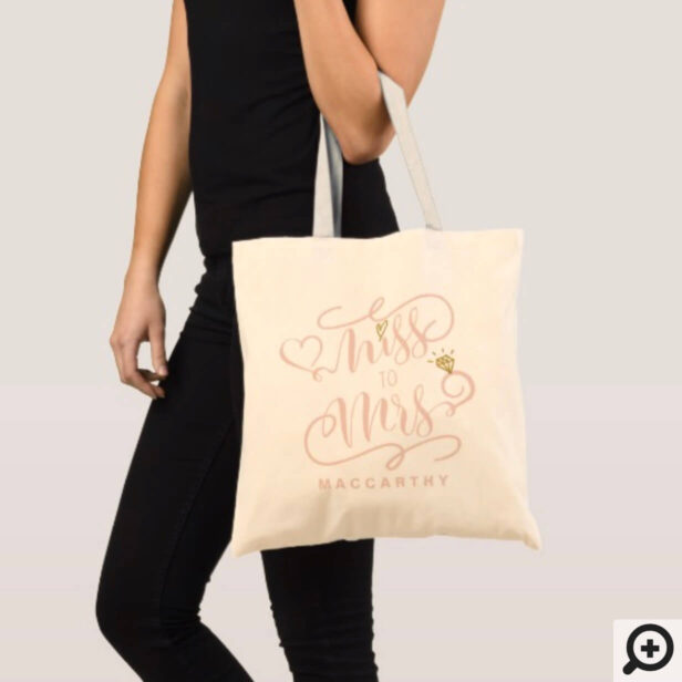 Miss To Mrs | Pink & Gold Marriage Heart & Ring Tote Bag