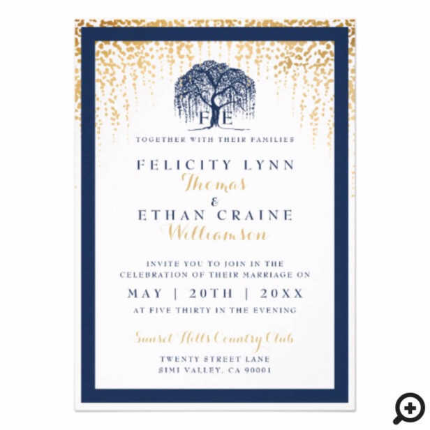 Modern Willow Tree Navy Gold Wedding Invitation