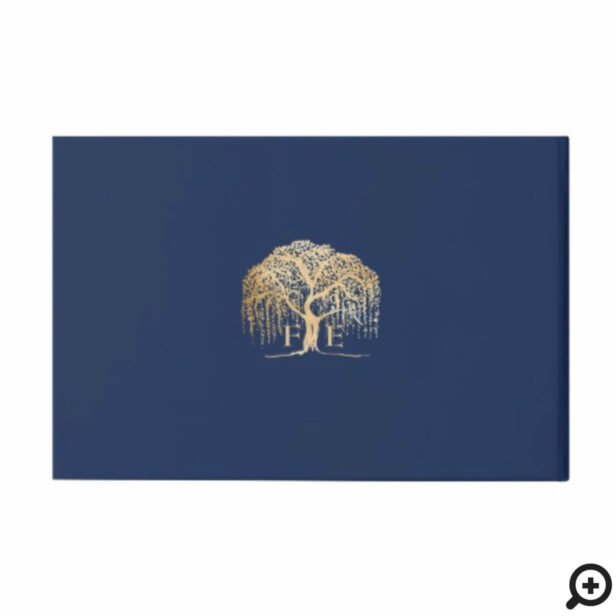 Elegant Modern Willow Tree Navy Blue Gold Wedding Guest Book