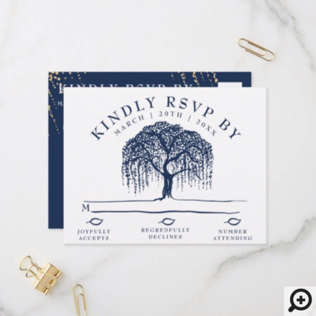 Modern Willow Tree Navy Blue Wedding RSVP Postcard