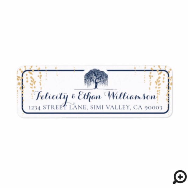 Elegant & Modern Navy & Gold Willow Tree Wedding Label
