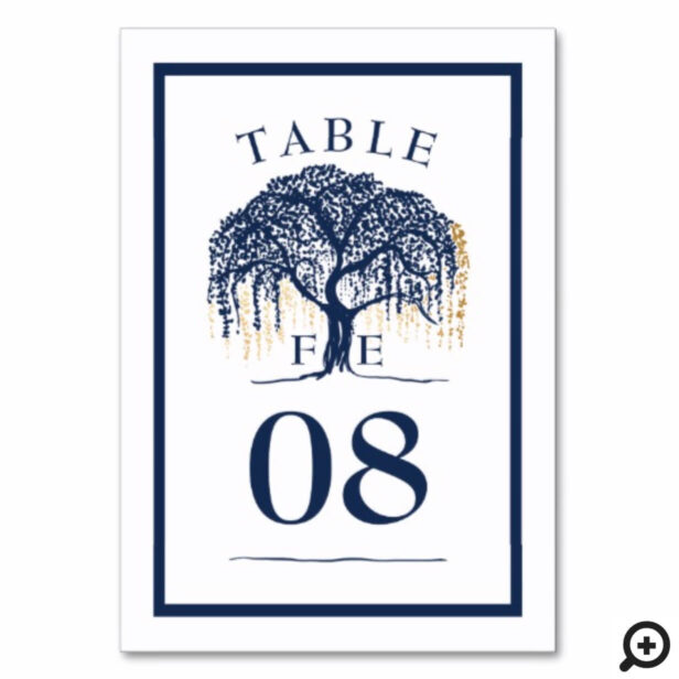 Elegant Modern Willow Tree Navy Blue Gold Wedding Table Number