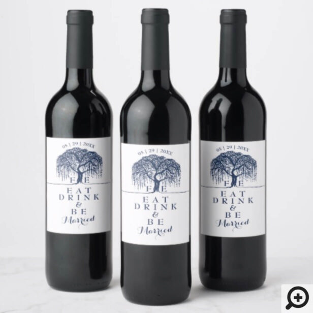 Willow Tree Navy Blue Gold Eat Drink & Be Married Wine Label