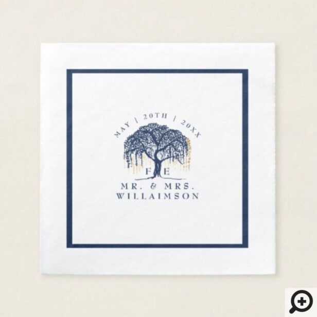 Bold Modern Willow Tree Navy Blue Gold Wedding Napkin