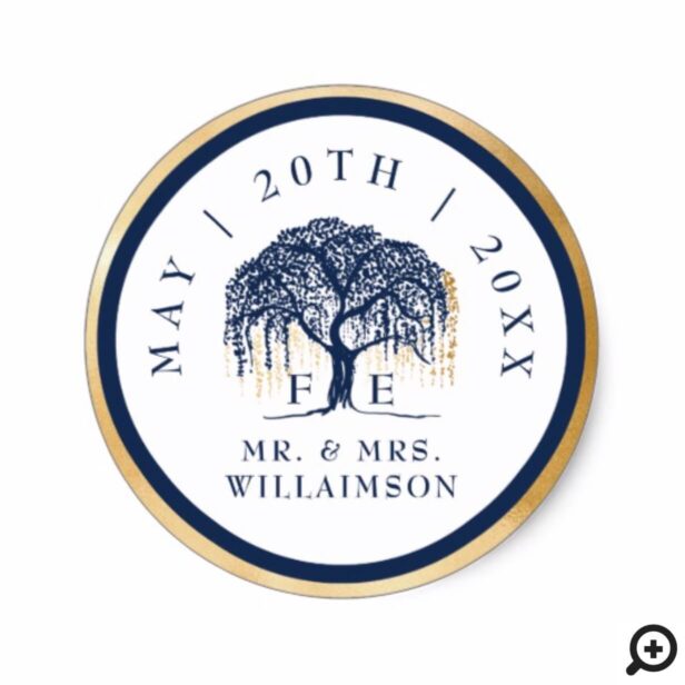 Modern Elegant Willow Tree Navy Blue Gold Wedding Classic Round Sticker