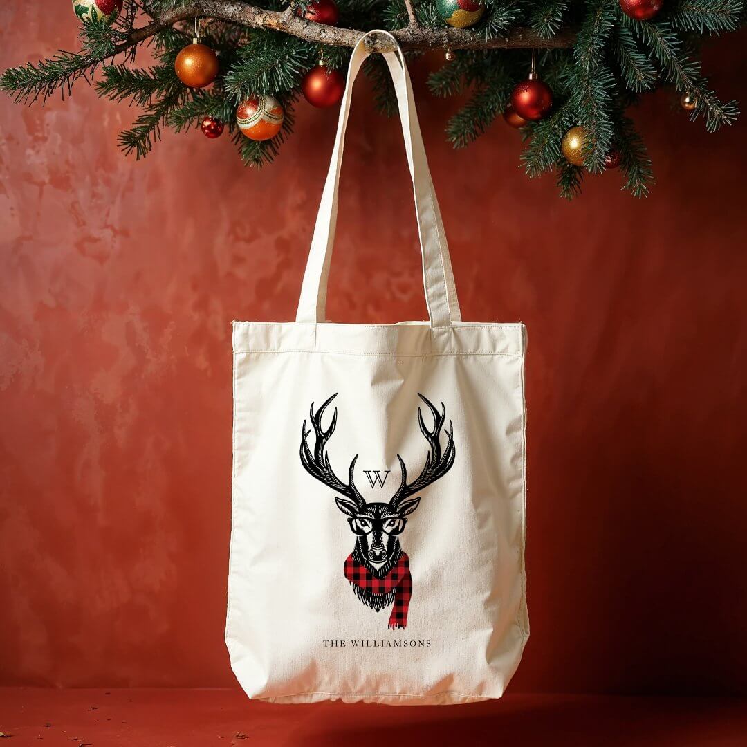 Cozy & Warm | Red Buffalo Plaid Reindeer Monogram Tote Bag