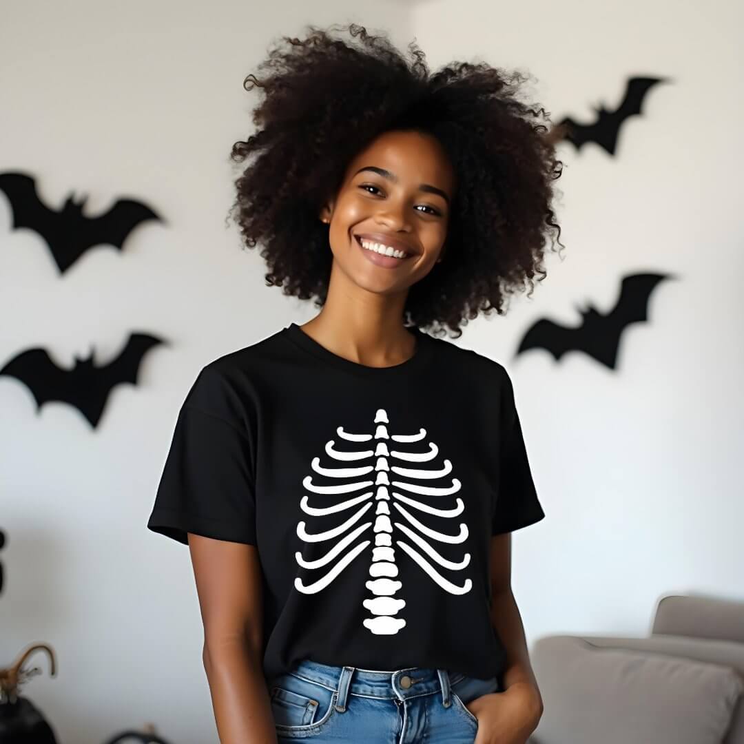 Fun White Skeleton Rib Bones & Skull Halloween Tri-Blend Shirt