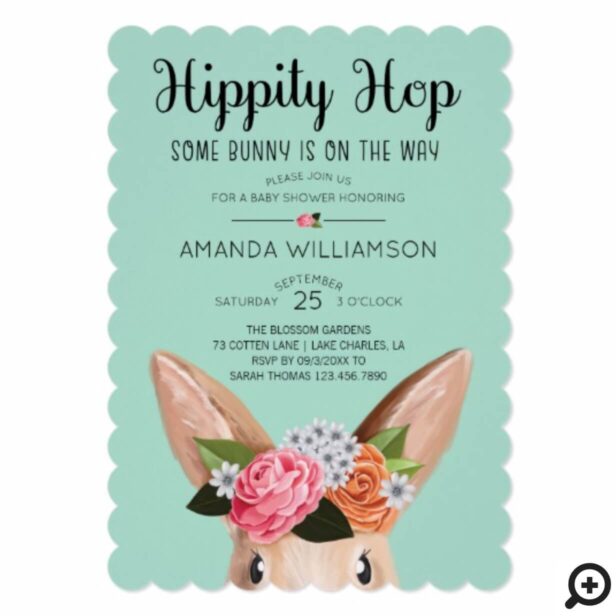 Teal Hippity Hop Easter Floral Bunny Rabbit Baby Shower Invitation