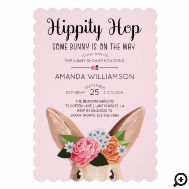 Pink Hippity Hop Easter Floral Bunny Rabbit Baby Shower Invitation