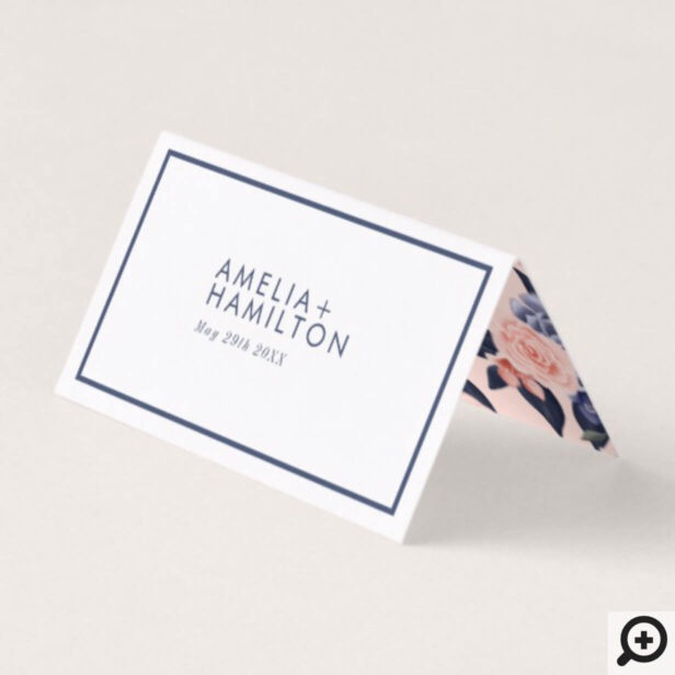 Dusty Rose Watercolor Floral Modern Navy Wedding Place Card