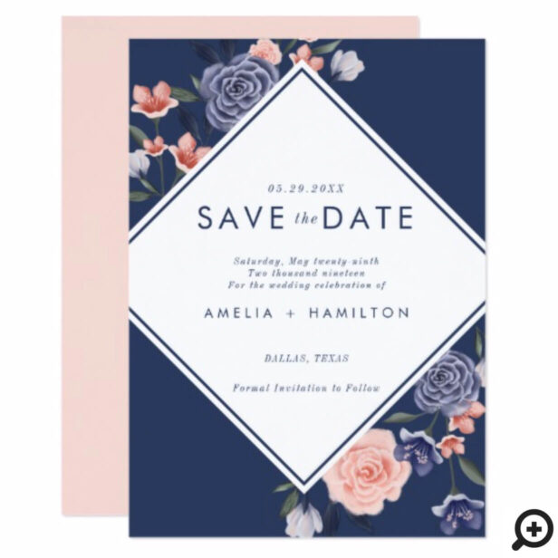 Dusty Rose Watercolor Floral Modern Navy Wedding Invitation