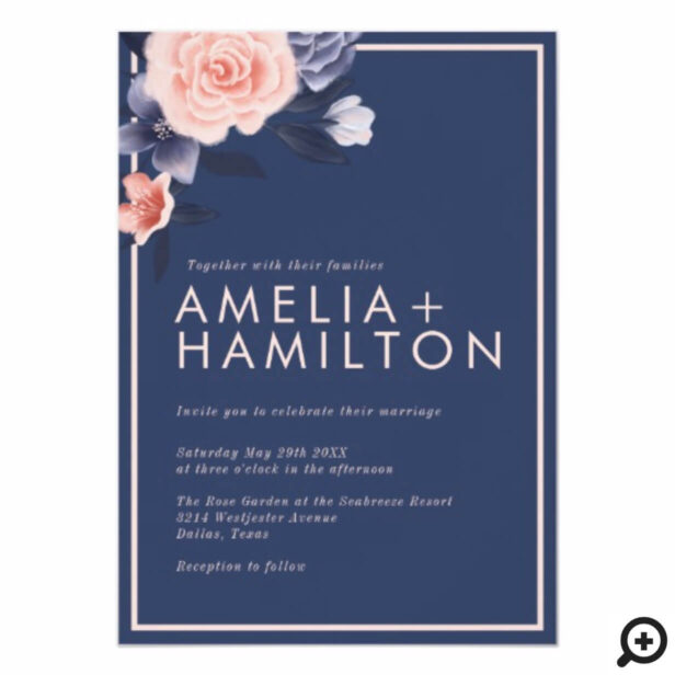 Dusty Rose Watercolor Floral Modern Navy Wedding Invitation