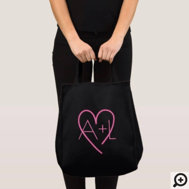 Electric Love Neon Pink Heart & Monogram Tote Bag