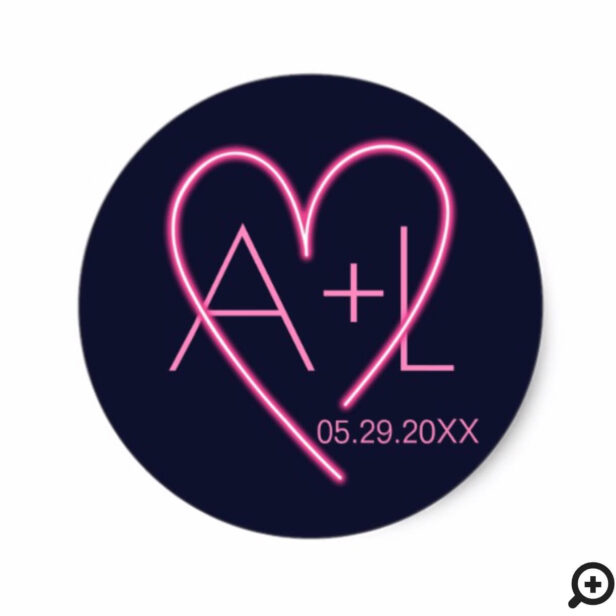 Electric Love Neon Pink Heart & Monogram Classic Round Sticker