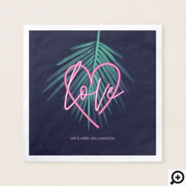 Electric Love Neon Pink Heart & Tropical Palm Leaf Napkin
