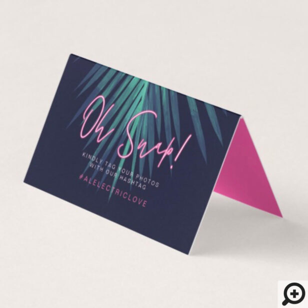 "Oh Snap" Neon Pink Script Tropical Retro Wedding Place Card