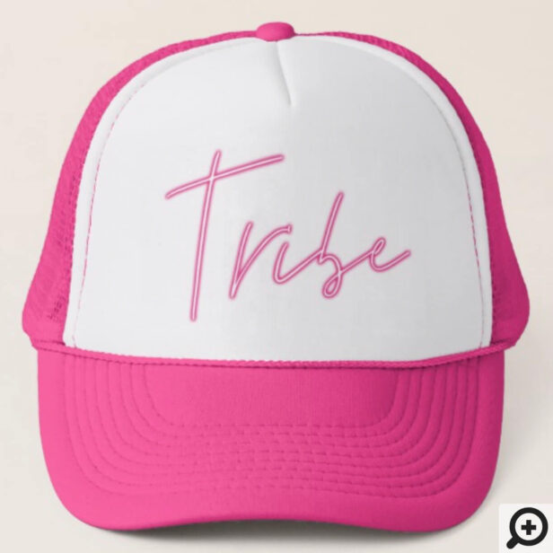 Retro Style Neon Pink Tribe Script Trucker Hat