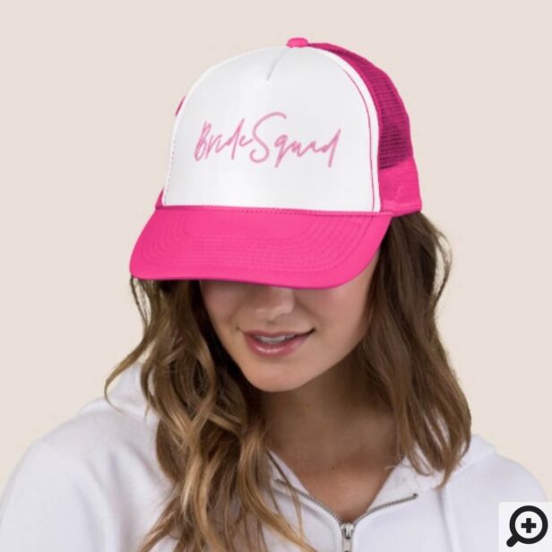 Retro Style Neon Pink Bride Squad Script Trucker Hat
