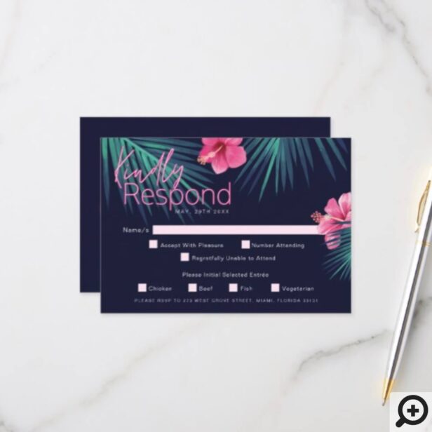 Electric Love Neon Pink Tropical Retro Wedding RSVP Card