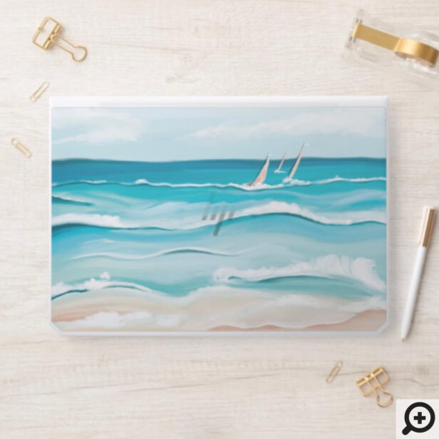 Watercolor Beachside Ocean Waves & Sail Boating HP Laptop Skin