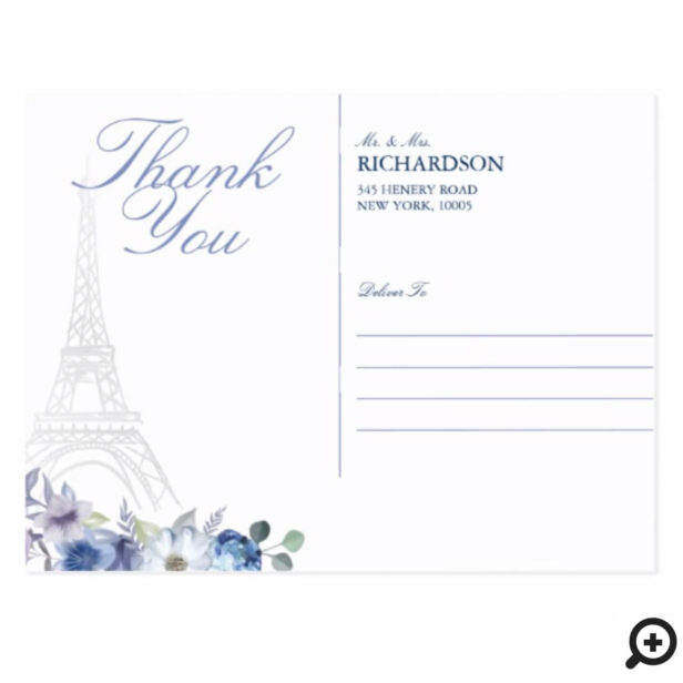 Paris Eiffel Tower Watercolor Floral Wedding Photo Postcard
