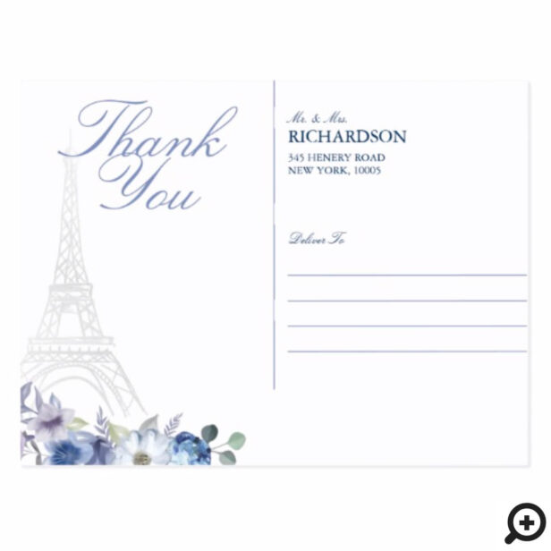 Paris Eiffel Tower Watercolor Floral Navy Wedding Postcard