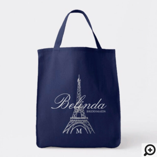 Paris Eiffel Tower Monogram Navy Silver Wedding Tote Bag