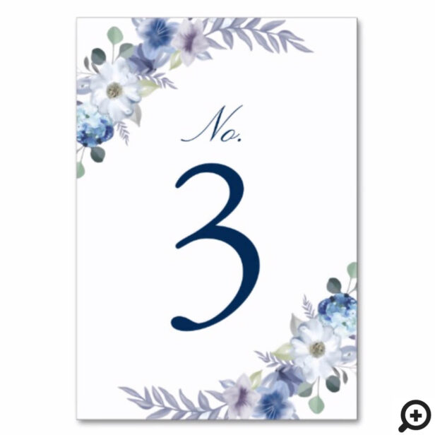 French Blue & Lavender Watercolor Floral White Table Number