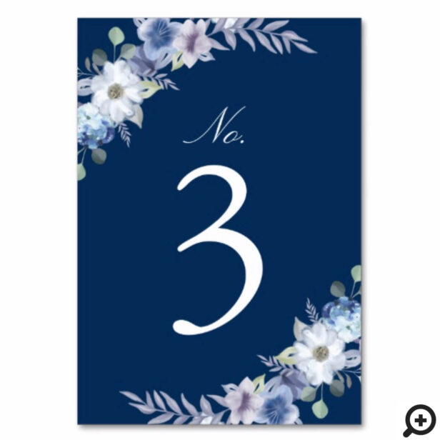 French Blue & Lavender Watercolor Floral Navy Blue Table Number