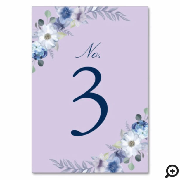 French Blue & Lavender Watercolor Floral Lavender Table Number