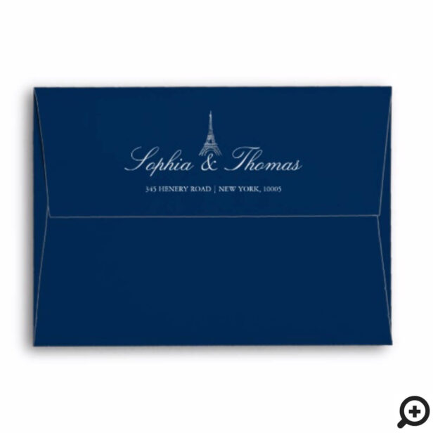 Paris Eiffel Tower Watercolor Floral Navy Wedding Envelope