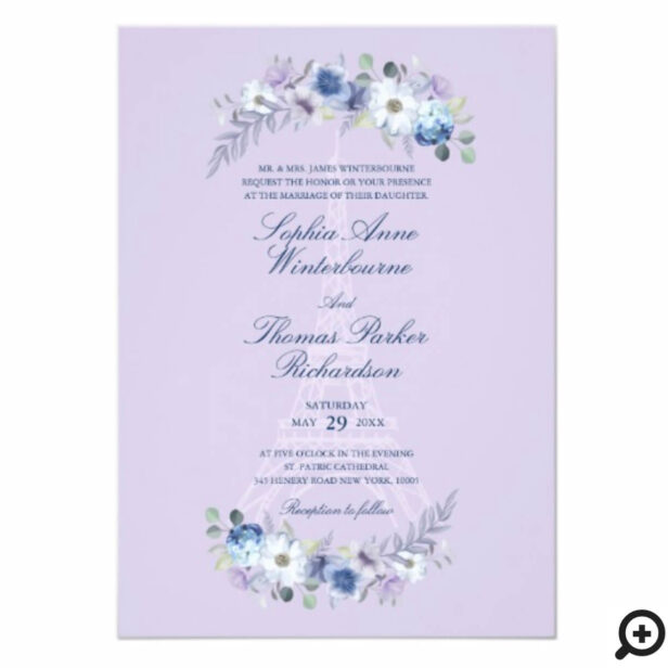 Paris Eiffel Tower Watercolor Floral Lilac Wedding Invitation