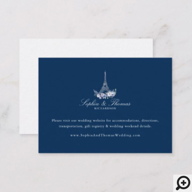 Paris Eiffel Tower Watercolor Floral Navy Wedding Enclosure Card