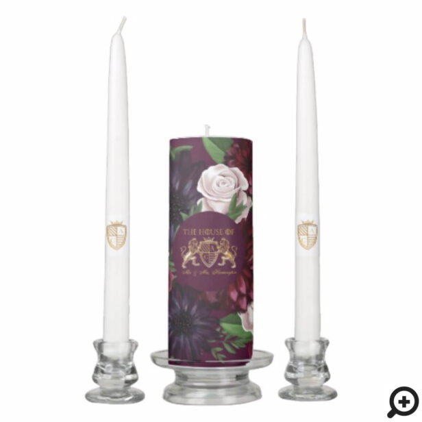 Game of Thrones Inspired Royal Medieval Lion Crest & Floral Wedding Unity Candle Set