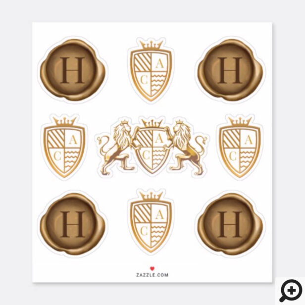 Family Lion Crest Monogram Emblem & Gold Wax Seals Sticker