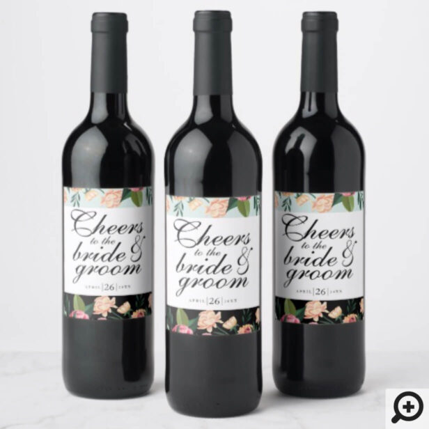 Timeless Blooms Watercolor Florals Cheers Wedding Wine Label